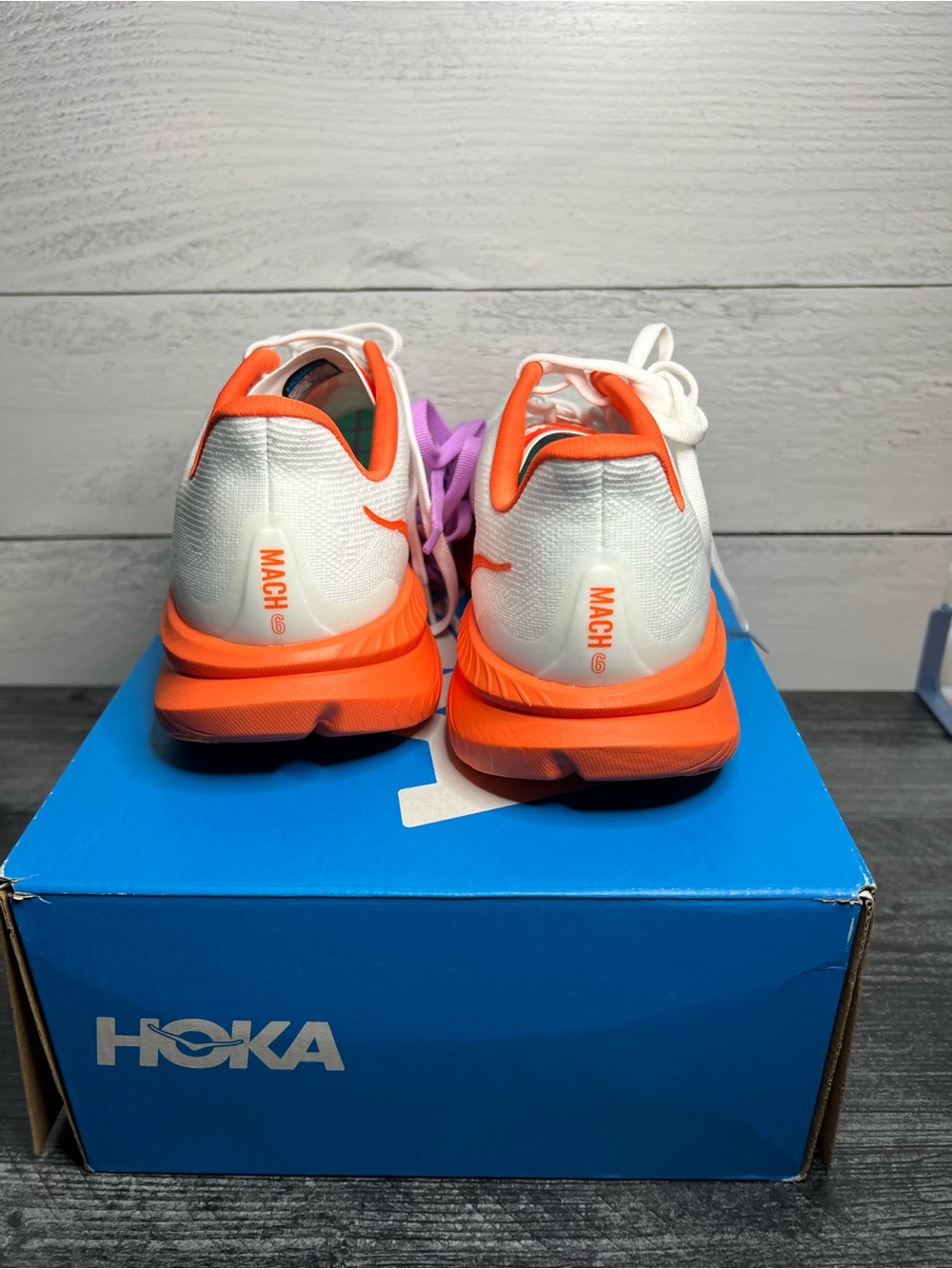Hoka Womens Mach 6 with Orange Accents and Purple Laces - Picture 3 of 5